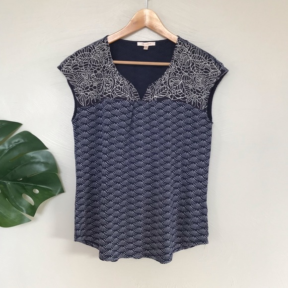 Skies Are Blue Tops - Skies are Blue Navy Embroidered Cap Sleeve Top